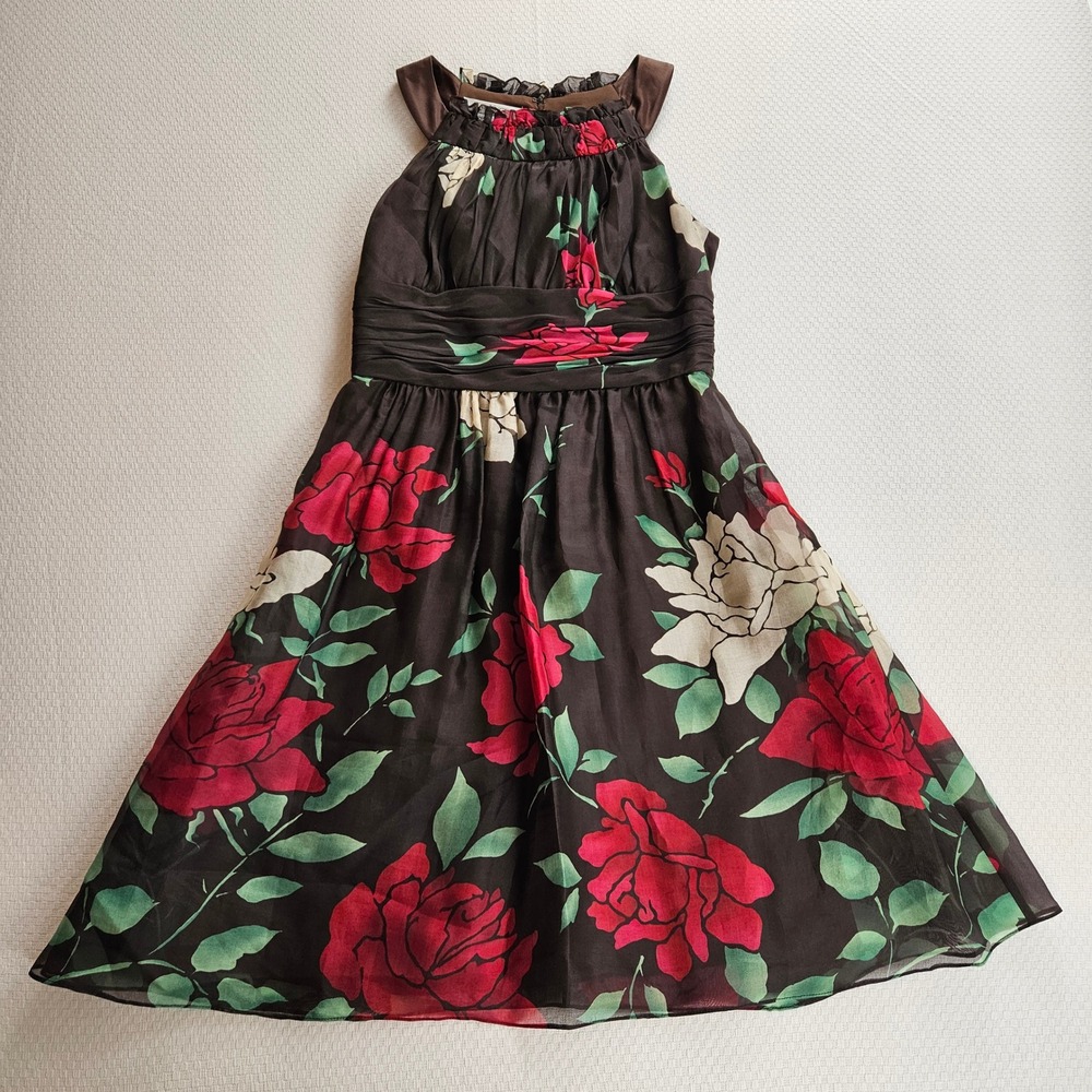 Kay Unger New York Silk Floral Halter Midi Dress Brown Red Size 4 Rose Wedding